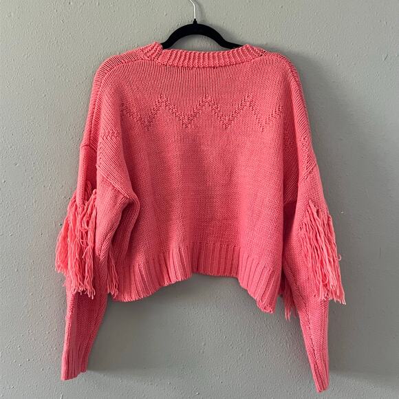 NWT BaeVely Pink Fringe Open Front Sweater Cardigan Women’s M Oversized - Picture 3 of 6